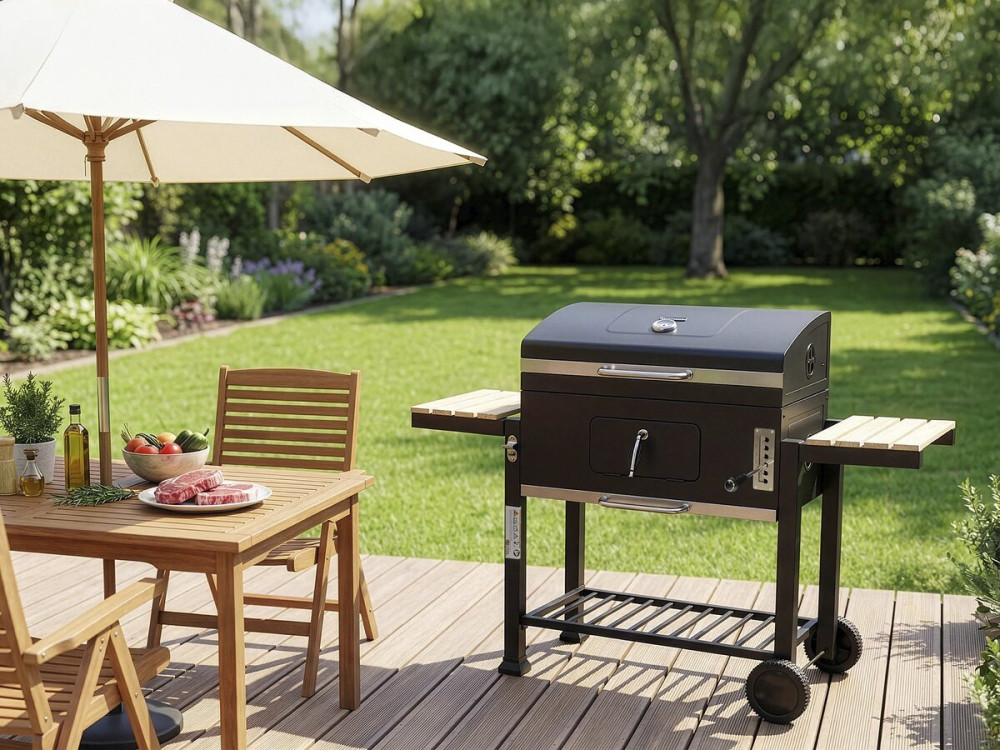 Barbecue a carbonella "Marquis" con ripiani laterali e griglie regolabili - Nero