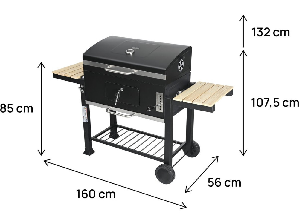 Barbecue a carbonella "Marquis" con ripiani laterali e griglie regolabili - Nero