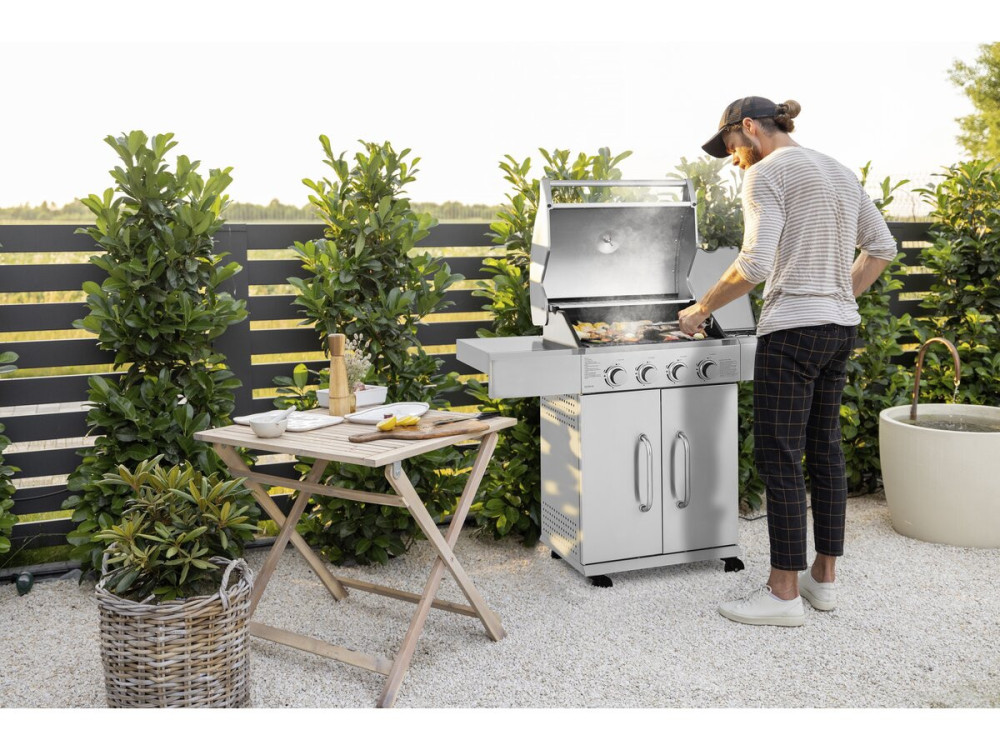 Barbecue a gas in acciaio inox con 5 bruciatori di cui 1 laterale "Brazzo" - 118 x 57 x 104 cm - Grigio chiaro