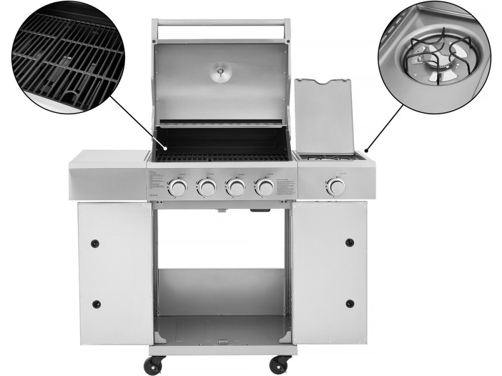 Barbecue a gas in acciaio inox con 5 bruciatori di cui 1 laterale "Brazzo" - 118 x 57 x 104 cm - Grigio chiaro