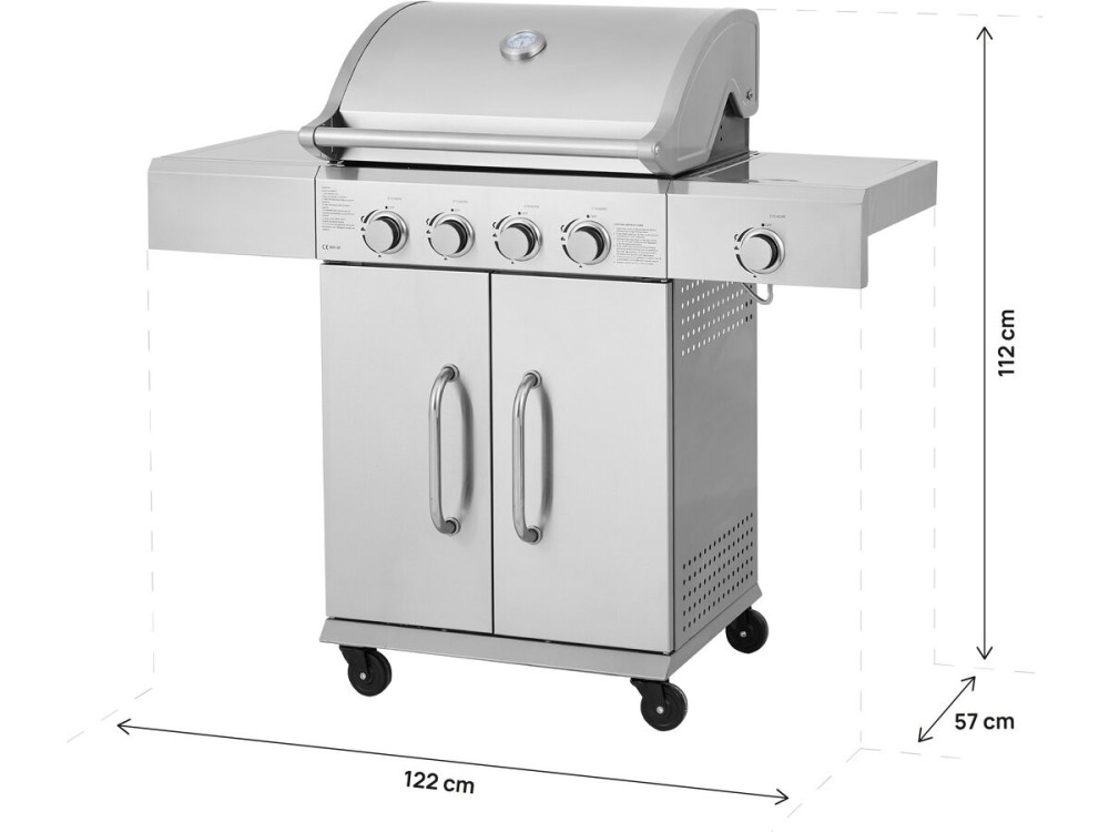 Barbecue a gas in acciaio inox con 5 bruciatori di cui 1 laterale "Brazzo" - 118 x 57 x 104 cm - Grigio chiaro