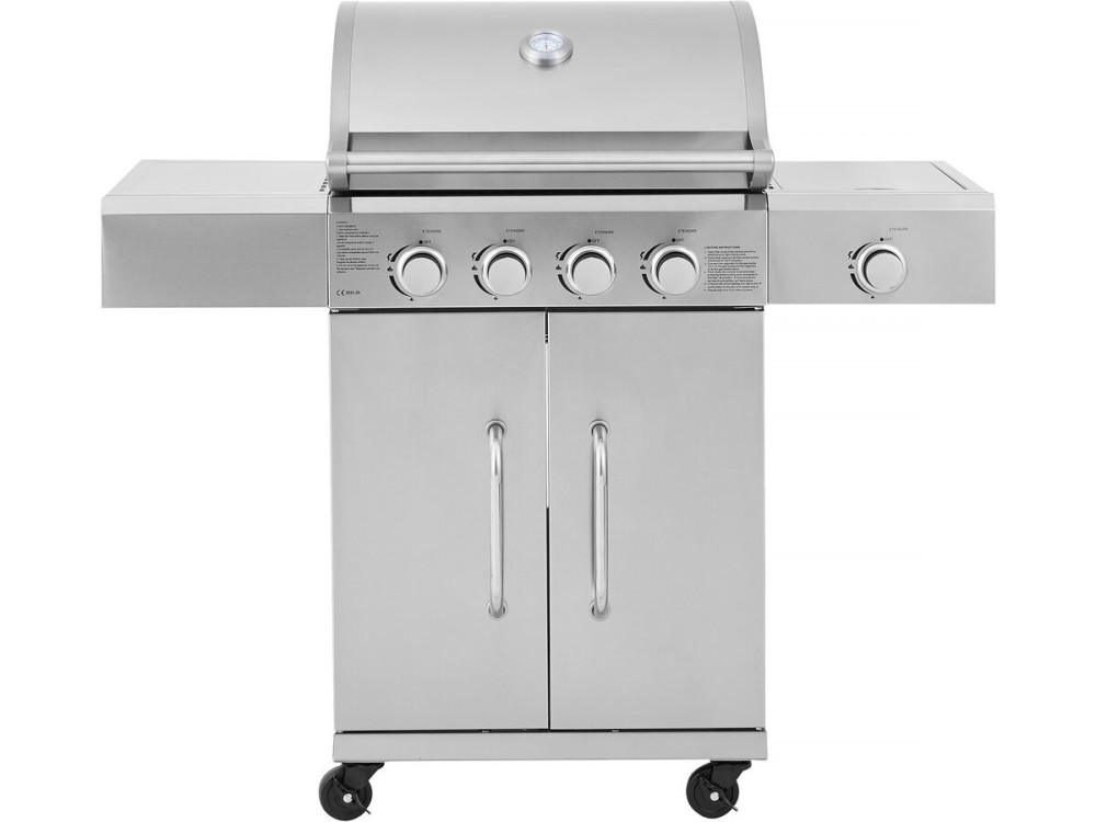 Barbecue a gas in acciaio inox con 5 bruciatori di cui 1 laterale "Brazzo" - 118 x 57 x 104 cm - Grigio chiaro