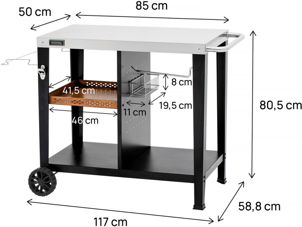 Carrello per barbecue "Gelia" 117 x 59 cm - Acciaio inossidabile - Nero