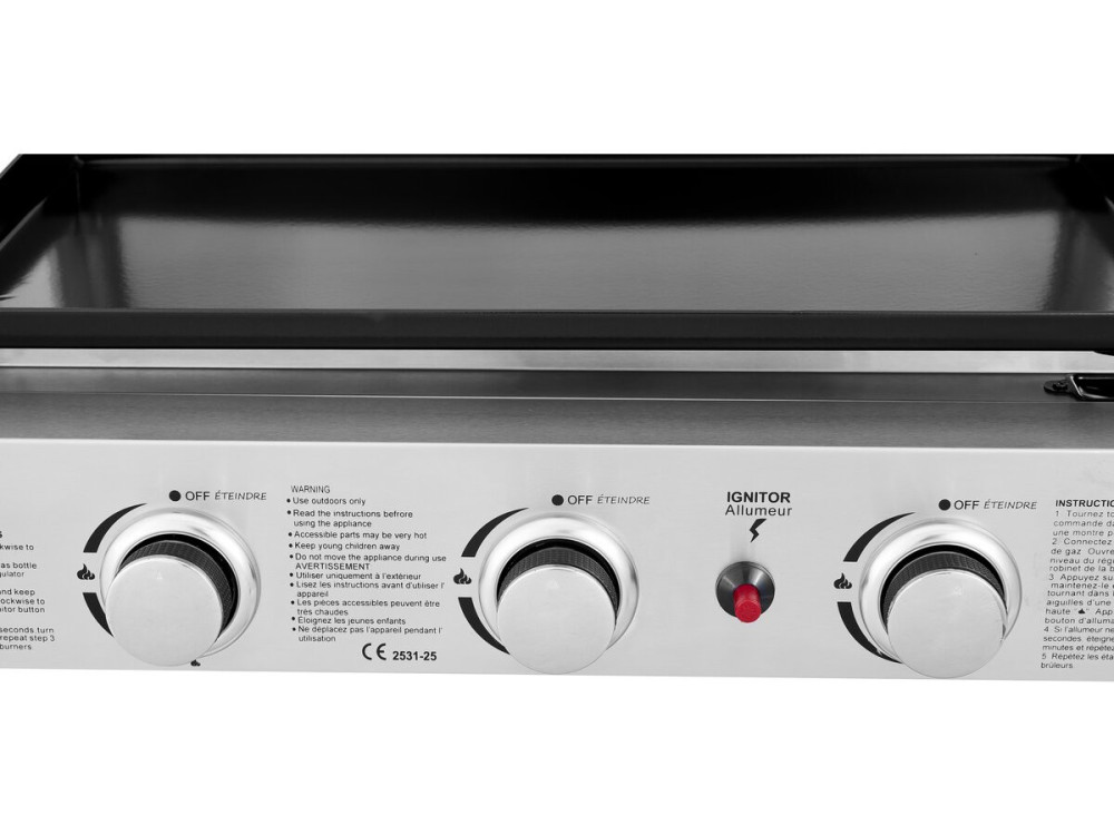 Piastra a gas con 3 bruciatori e coperchio in metallo "Fasto" - 7,5 kw - Grigio