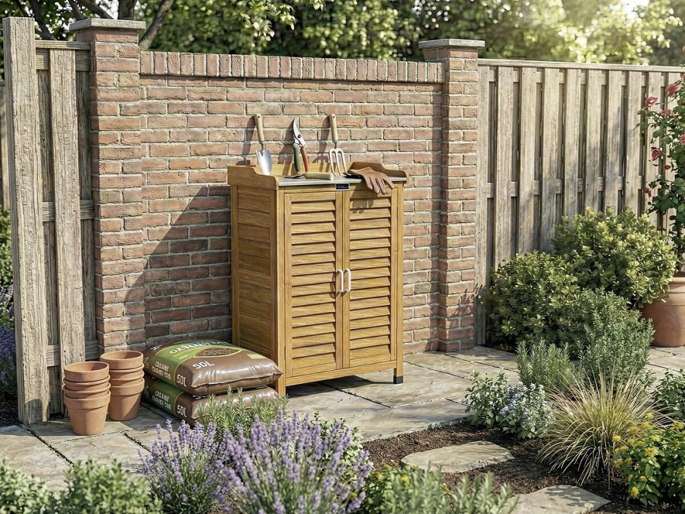 Mobile da giardino in legno con rotelle "Alexia" - 66 x 41 x 101 cm - Marrone