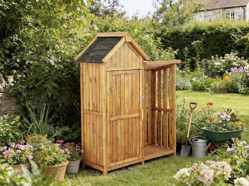 Mobiletto da giardino in legno "Noé" con deposito per tronchi - 136 x 57 x 170 cm - Marrone