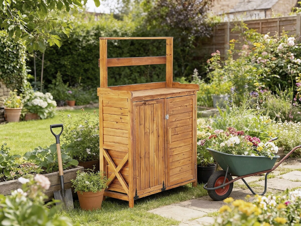 Mobile da giardino in legno "Lou" con cestino integrato - Marrone
