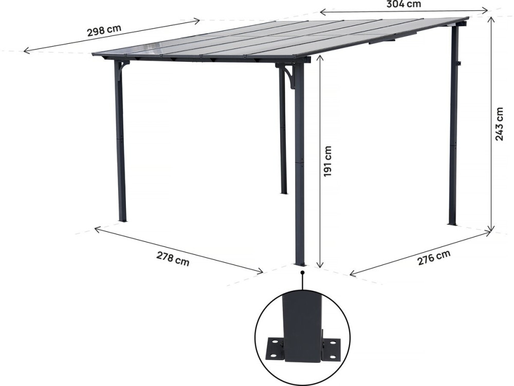 Pergola addossata "Marvin" - 3 x 3 m - 304 x 298 x 243 cm - Grigio scuro