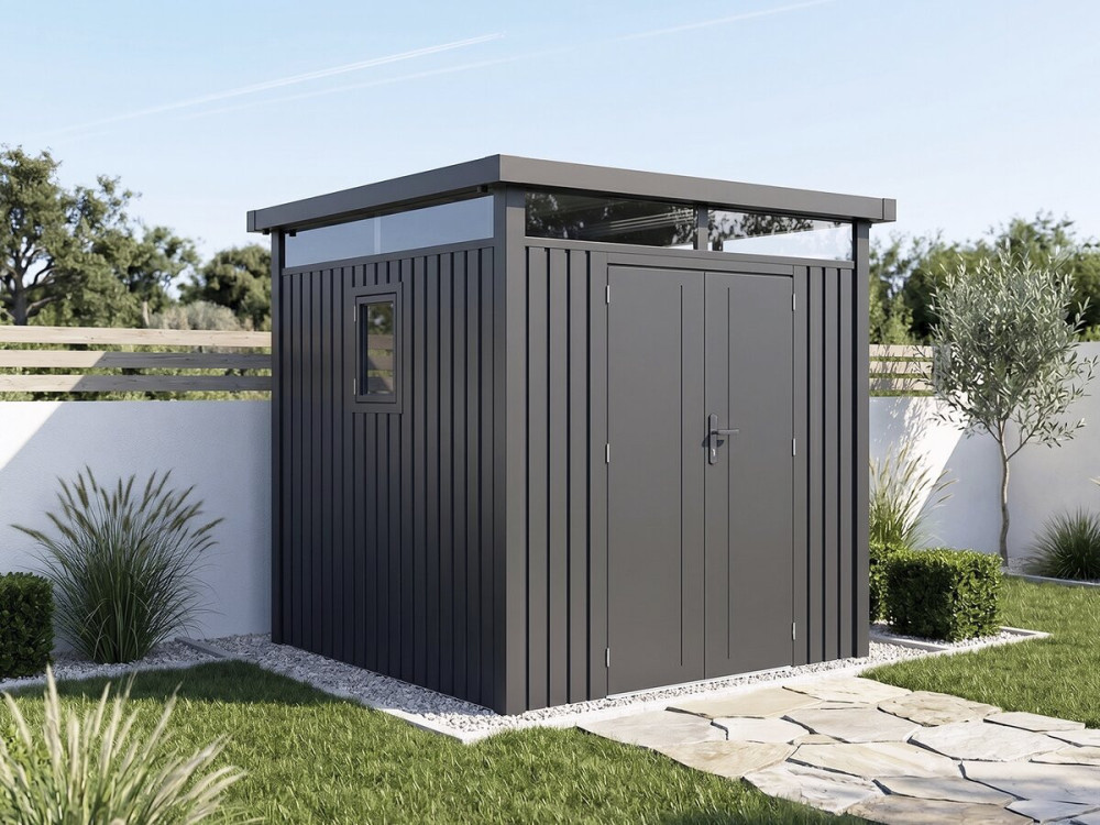 Casetta da giardino in metallo di alta qualità con tetto piano e porta a battente "Lexinton" - 5,29 m² - Grigio