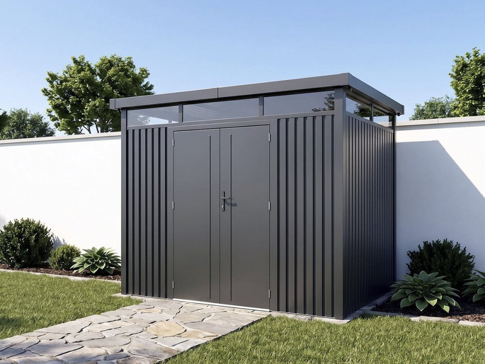 Casetta da giardino in metallo di alta qualità con tetto piano e porta a battente "Lexinton" - 6,76 m² - Grigio