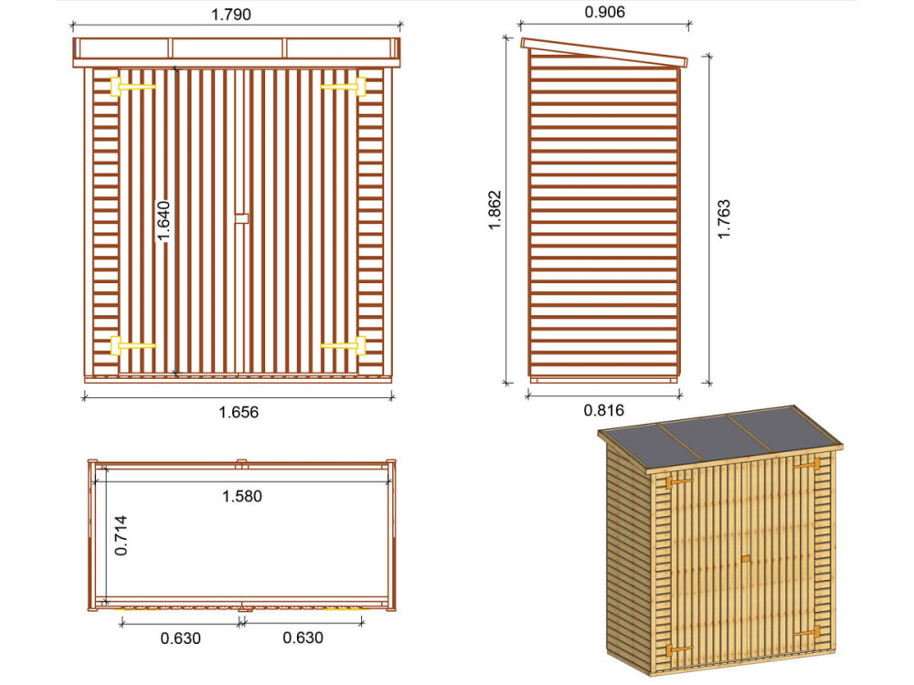 Capanno da giardino LIPKI - 1.79 x 0.90 x 1.76/1.86 m - 1.62 m² - 12 mm - Fondo e parete posteriore inclusi