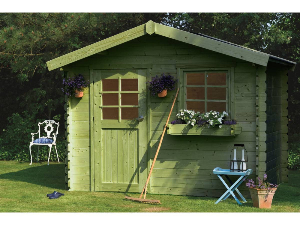 Casetta da giardino in legno "Sologne" - Modello impregnato (verde) - 8,88 m² - 2,98 x 2,98 x 2,39 m - 28 mm