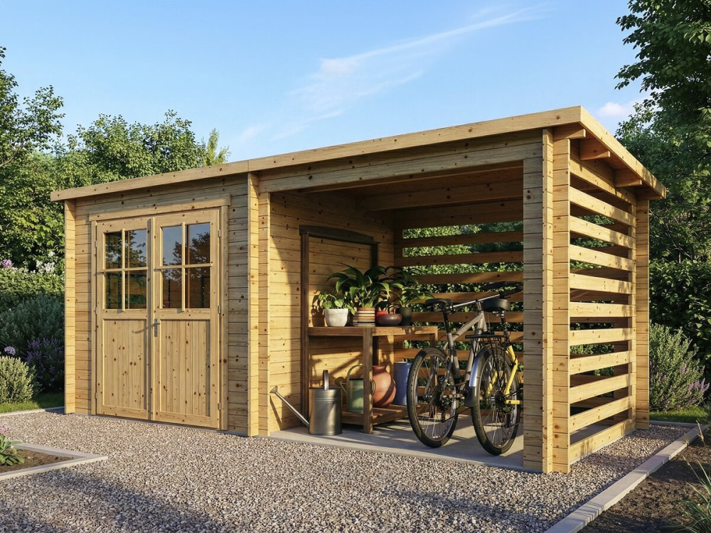 Casetta da giardino in legno con tettoia "Aureval" - 11m² - 2,24 x 5,01 x 2,07 m - 28 mm
