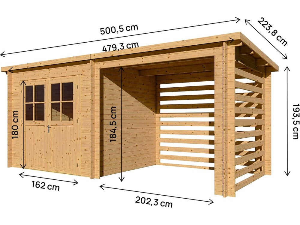 Casetta da giardino in legno con tettoia "Aureval" - 11m² - 2,24 x 5,01 x 2,07 m - 28 mm