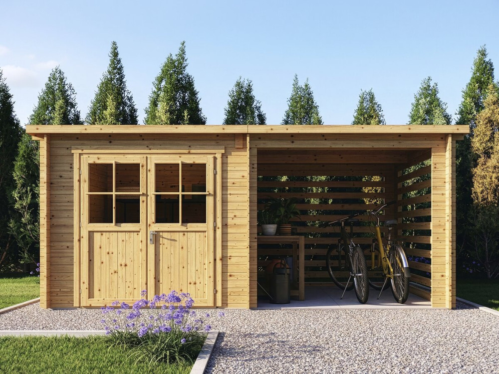 Casetta da giardino in legno con tettoia "Aureval" - 11m² - 2,24 x 5,01 x 2,07 m - 28 mm
