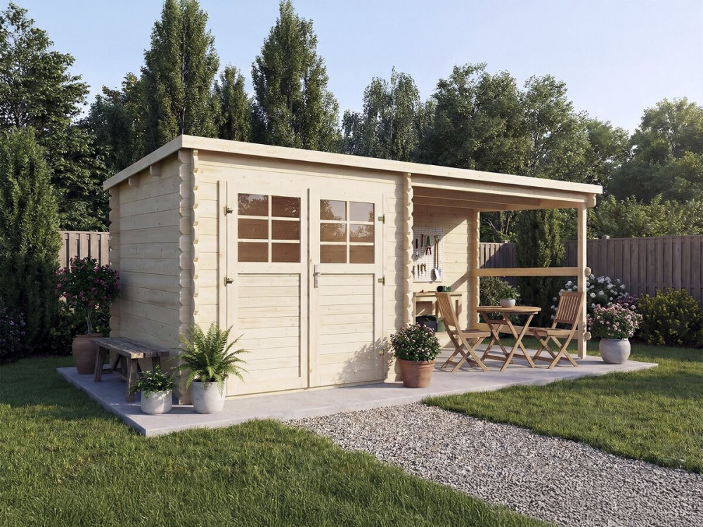 Casetta da giardino in legno "Montval" con tenda da sole - 14 m² - 28 mm