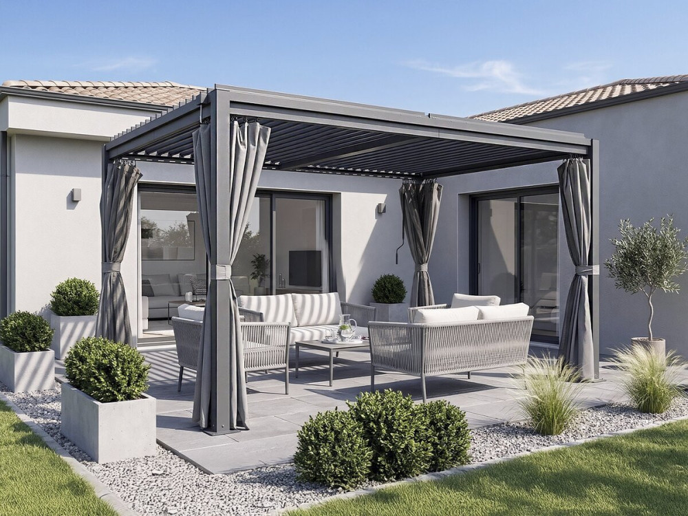 Pergola bioclimatica "Howard" con tenda e zanzariera - 3 x 4 m - Grigio