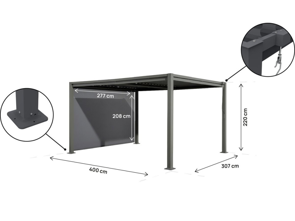 Pergola bioclimatica "Howard" con tenda in acciaio zincato - 3 x 4 m - Grigio