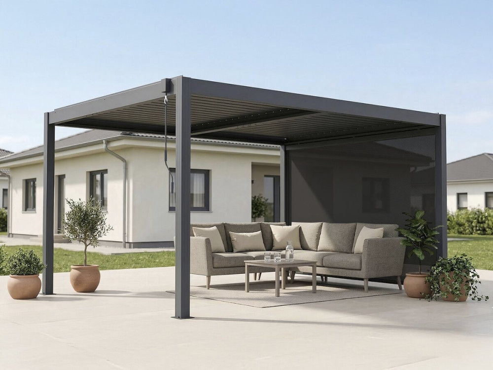 Pergola bioclimatica "Windsor premium" con led e tenda in alluminio - 3 x 4 m - Grigio