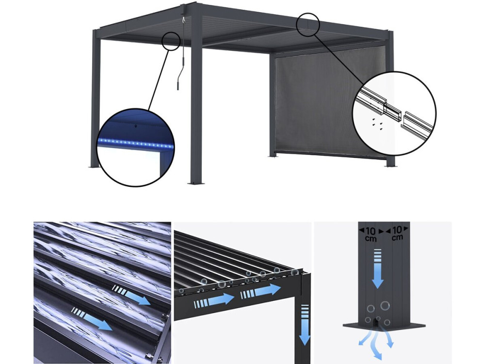 Pergola bioclimatica "Windsor premium" con led e tenda in alluminio - 3 x 4 m - Grigio
