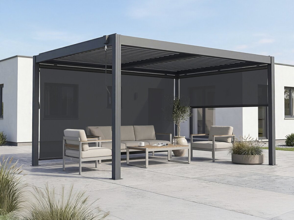 Pergola bioclimatica "Windsor premium" con led e 2 tende in alluminio - 3 x 4 m - Grigio