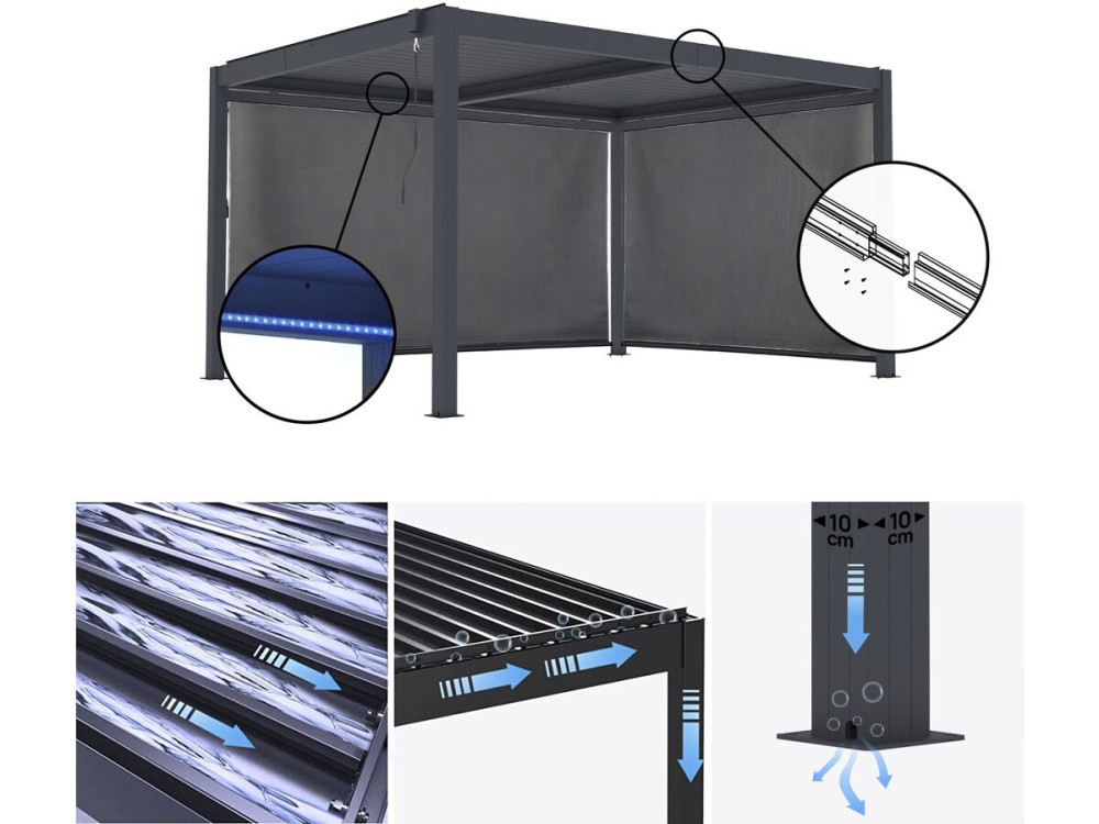 Pergola bioclimatica "Windsor premium" con led e 2 tende in alluminio - 3 x 4 m - Grigio
