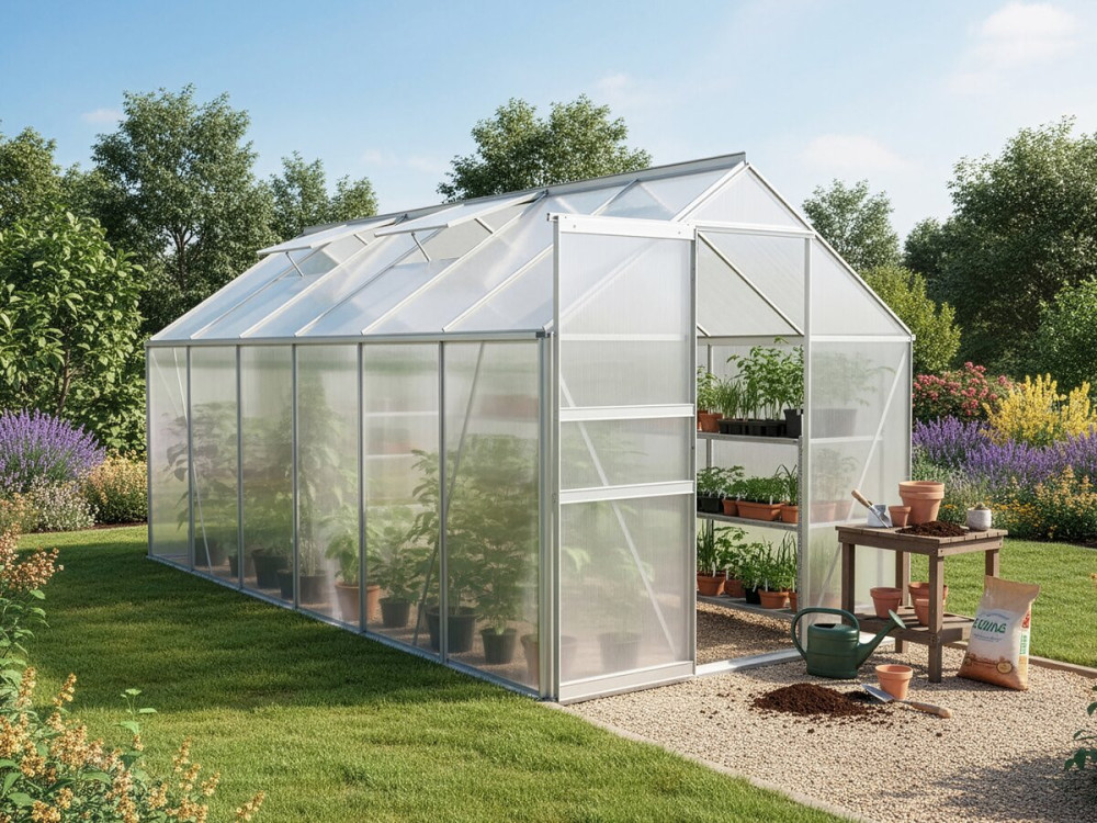 Serra da giardino in policarbonato 370 x 190 x 195 cm "Basilic" - 7,03 m² - Grigio