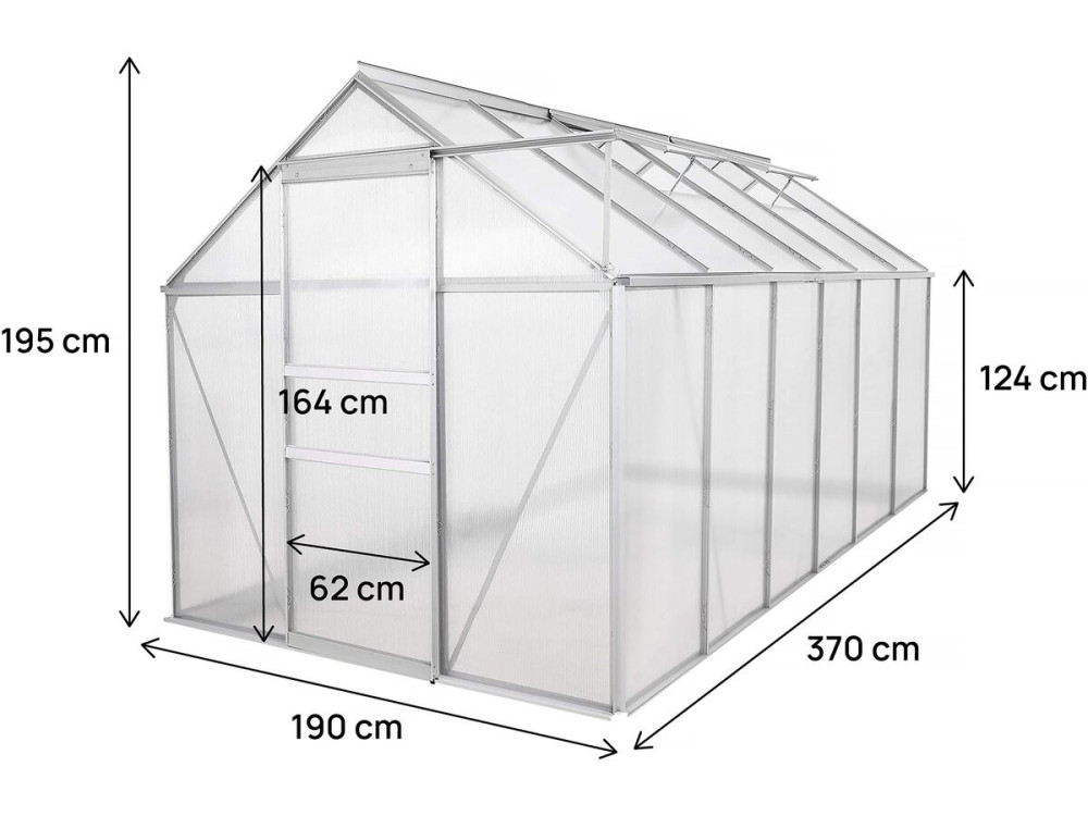Serra da giardino in policarbonato 370 x 190 x 195 cm "Basilic" - 7,03 m² - Grigio