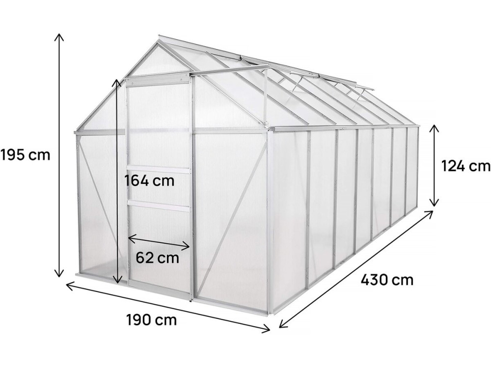 Serra da giardino in policarbonato 430 x 190 x 195 cm "Basilic" - 8,17 m² - Grigio