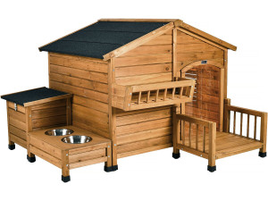 Casetta per cani in legno "Rusty" con mangiatoia e contenitore - 151 x 138 x 100 cm - Marrone