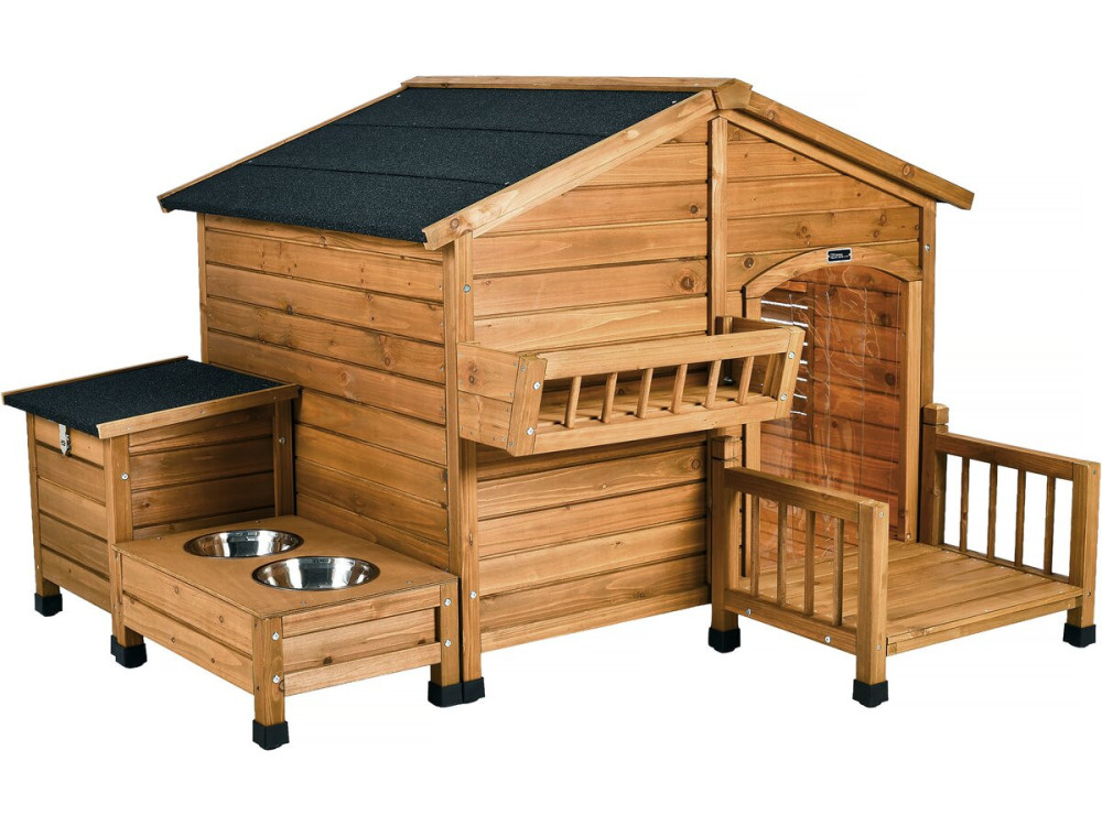 Casetta per cani in legno "Rusty" con mangiatoia e contenitore - 151 x 138 x 100 cm - Marrone
