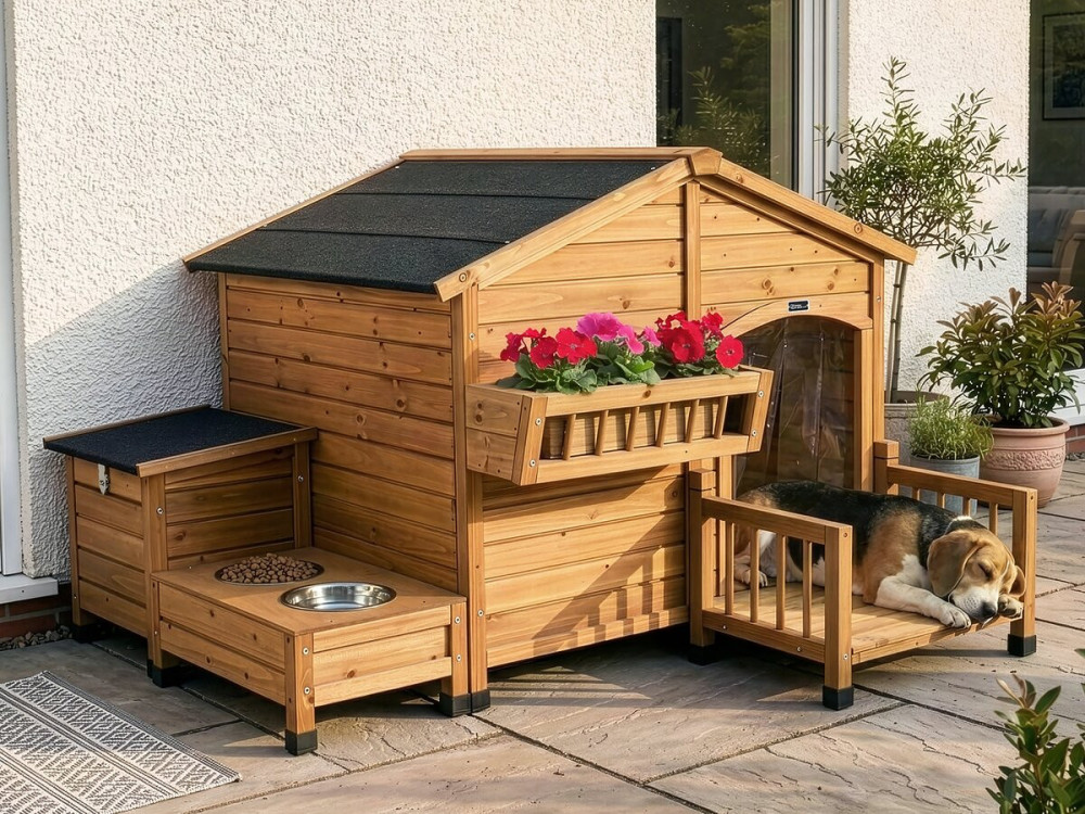 Casetta per cani in legno "Rusty" con mangiatoia e contenitore - 151 x 138 x 100 cm - Marrone
