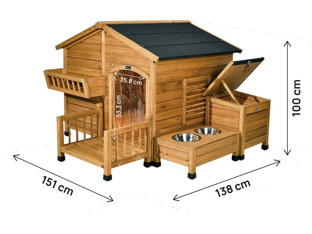 Casetta per cani in legno "Rusty" con mangiatoia e contenitore - 151 x 138 x 100 cm - Marrone