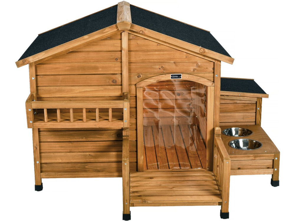 Casetta per cani in legno "Rusty" con mangiatoia e contenitore - 151 x 138 x 100 cm - Marrone