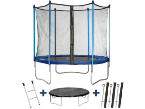 Trampolino " Happy " - Ø 1,80 m - con rete + scaletta + copertura + kit per fissaggio a terra