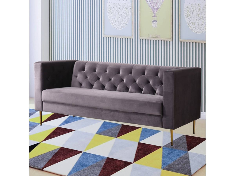 Divano fisso in velluto "Bruce" - 196 x 76 x 82 cm - 3 posti a sedere - Grigio