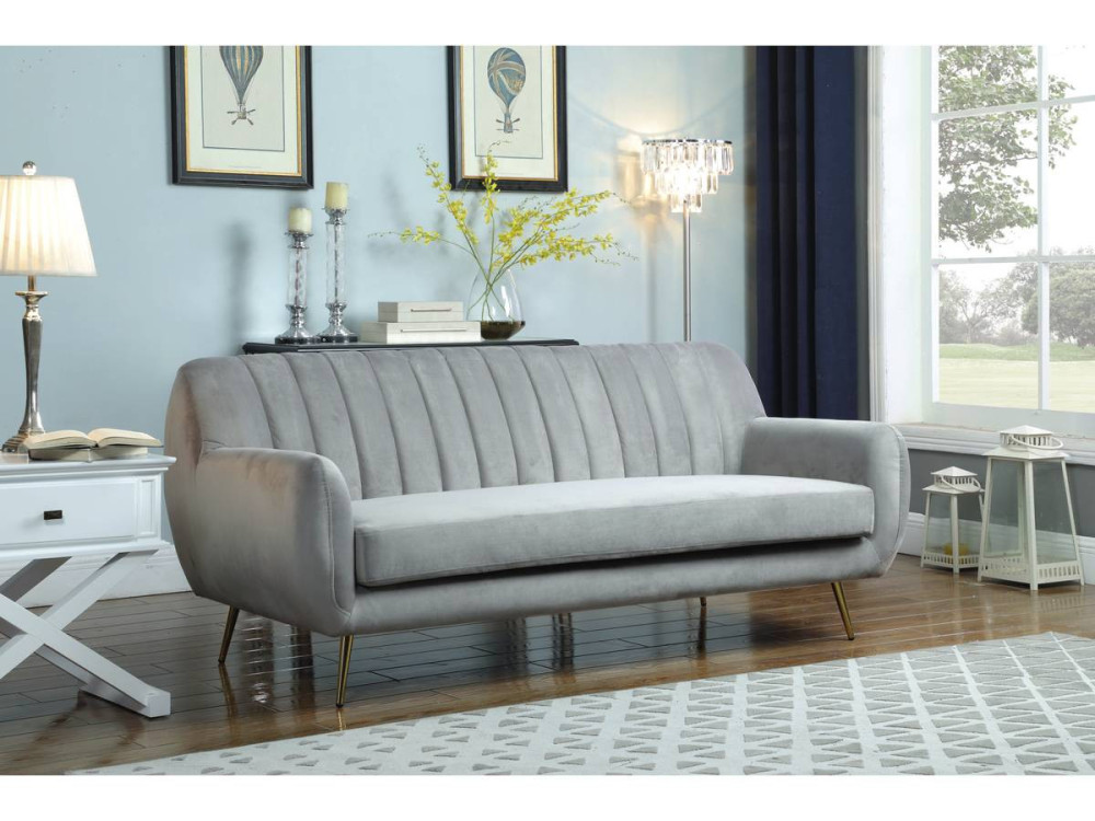 Divano fisso in velluto "Evans" - 195 x 84 x 82 cm - 3 posti a sedere - Grigio