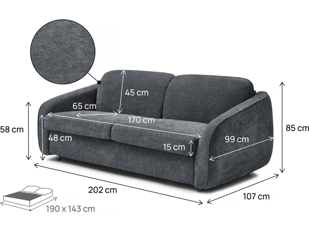 Divano trasformabile express "Laurie" in tessuto testurizzato - letto 140 cm - 3 posti - Grigio