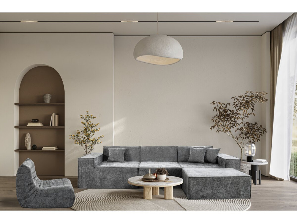 Divano componibile dritto con pouf in tessuto texturizzato "Lusso" - 4 posti - Grigio