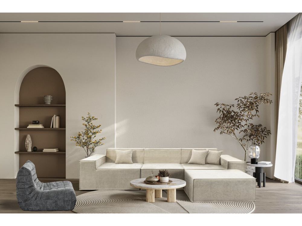 Divano componibile dritto con pouf in tessuto texturizzato "Lusso" - 4 posti - Beige