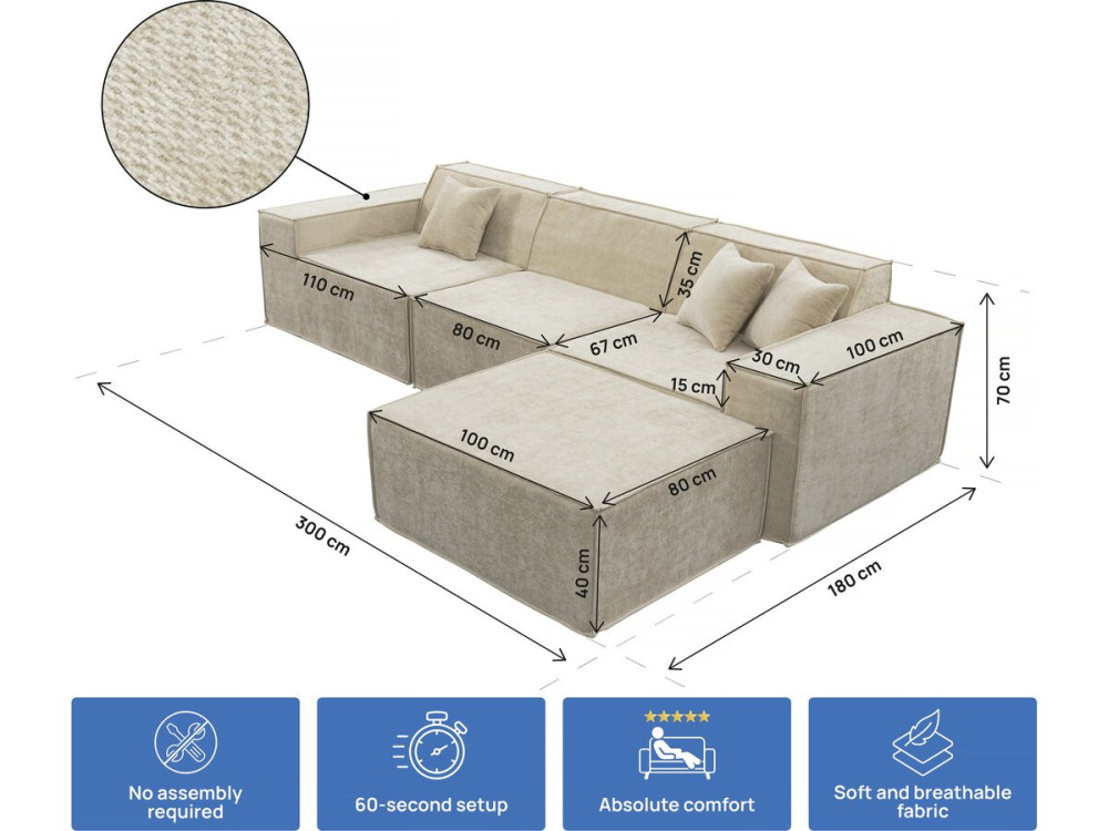 Divano componibile dritto con pouf in tessuto texturizzato "Lusso" - 4 posti - Beige