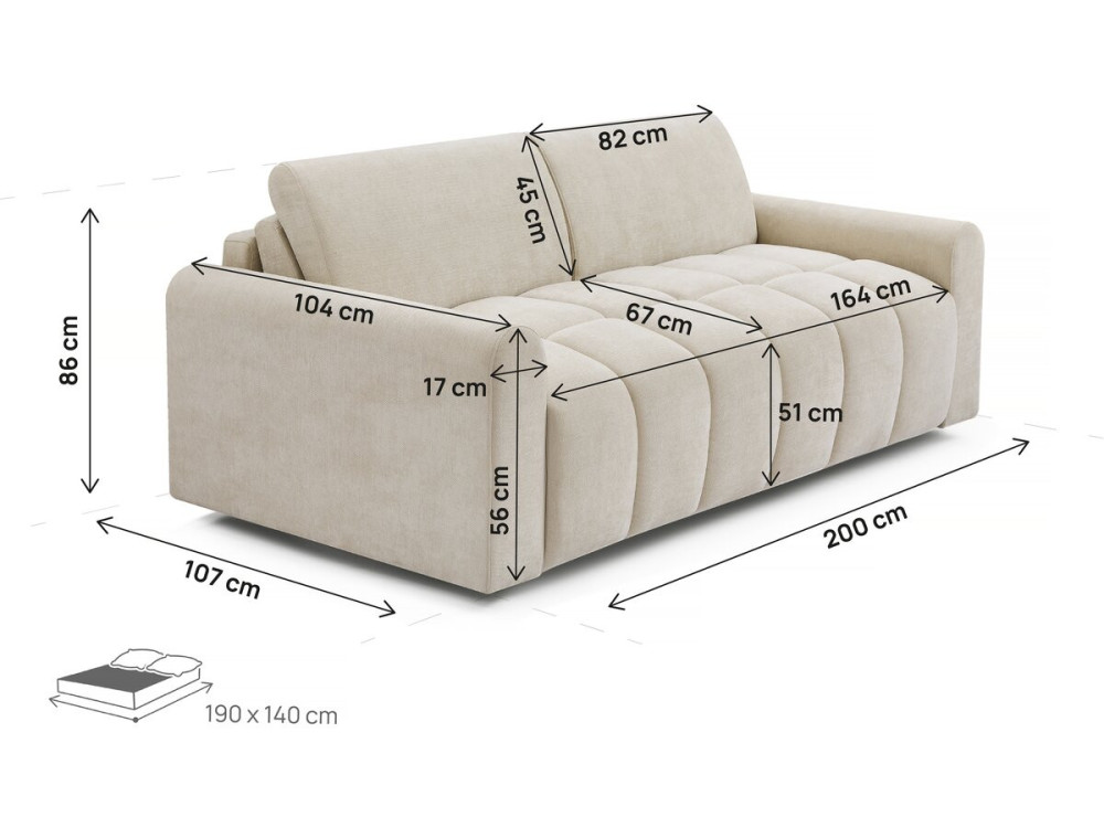 Divano letto trasformabile espresso "Isadora" - Materasso 18 cm - Lenzuolo 140 cm - 3 posti - Beige