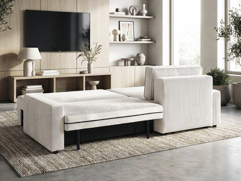 Divano angolare trasformabile e reversibile in velluto a coste "Montaigne" - 3 posti - Beige