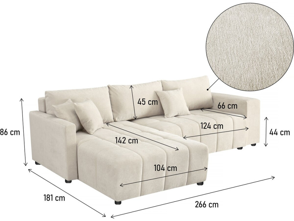 Divano letto angolare a 3 posti in tessuto di ciniglia - "Trocadero" - Beige