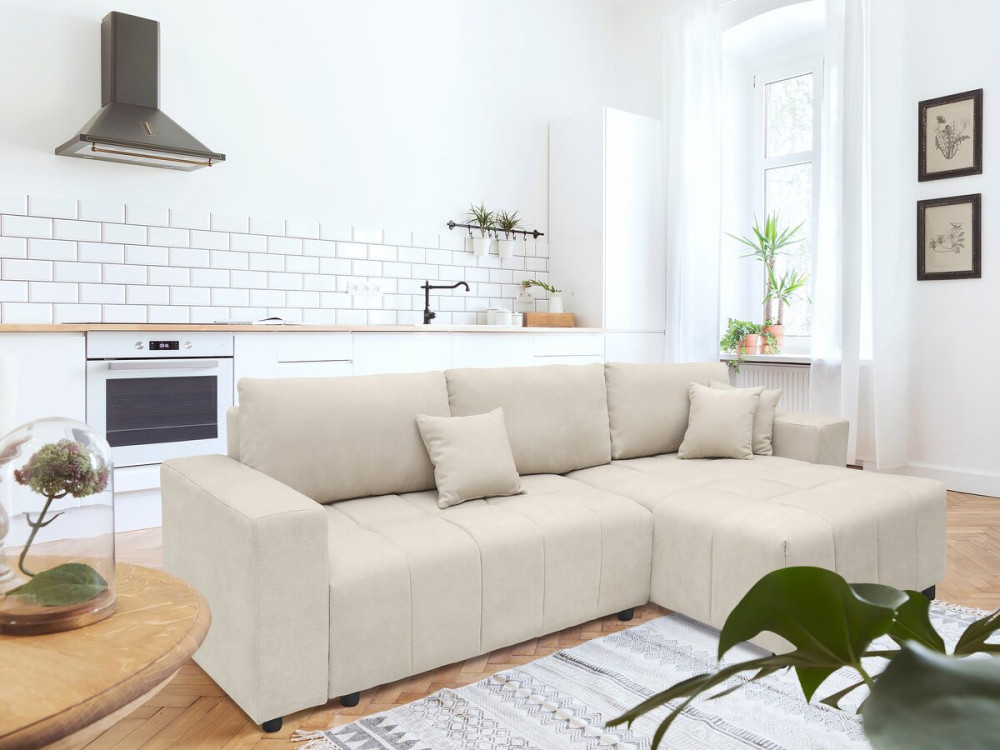 Divano letto angolare a bolle "George" a 4 posti in tessuto di ciniglia - Beige