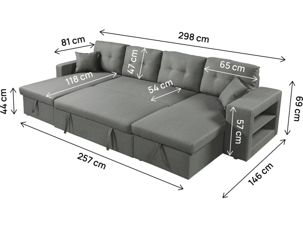 Divano letto angolare panoramico "Axel" in tessuto - 4 posti - Grigio