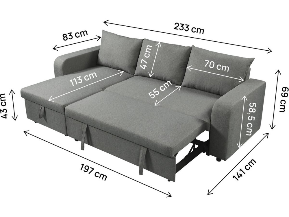 Divano angolare reversibile/convertibile in tessuto "Victor" - 3 posti - Grigio