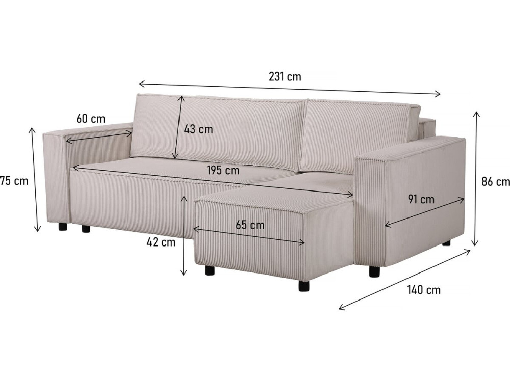 Divano angolare in velluto a coste "Montaigne S" - 3 posti - Beige