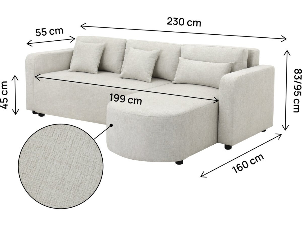 Divano angolare trasformabile/reversibile in tessuto "Charles" - 3 posti - Beige