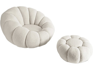 Poltrona a bolle "Élysée" con pouf in tessuto bouclette - Crema